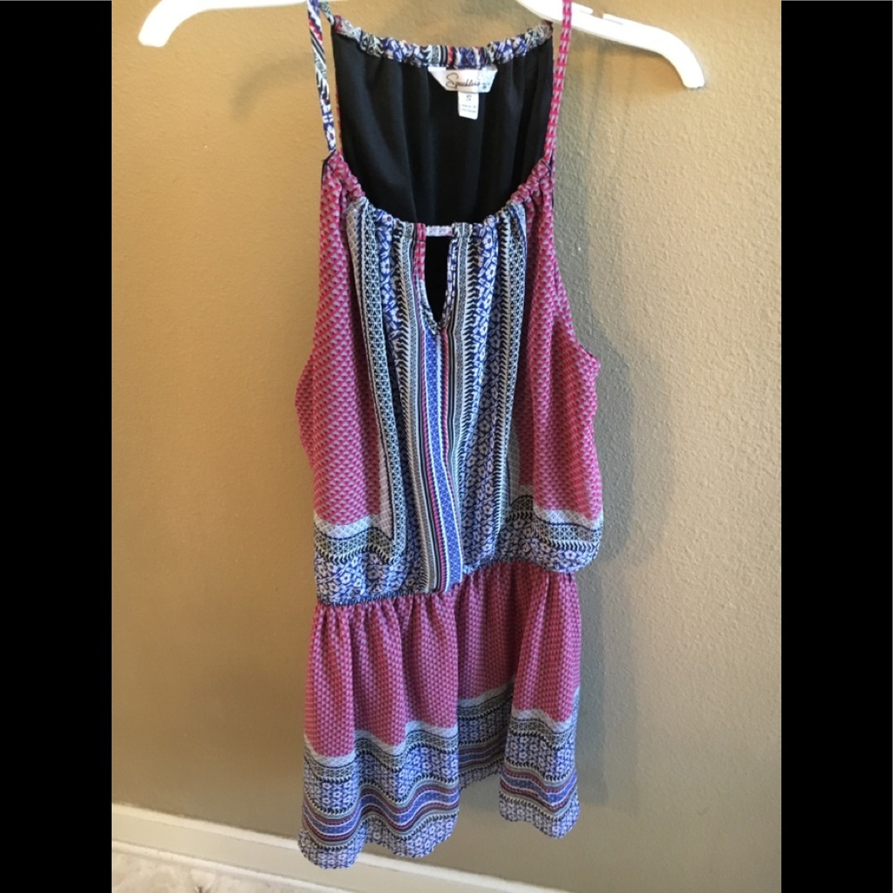 Blue and red patterned dress